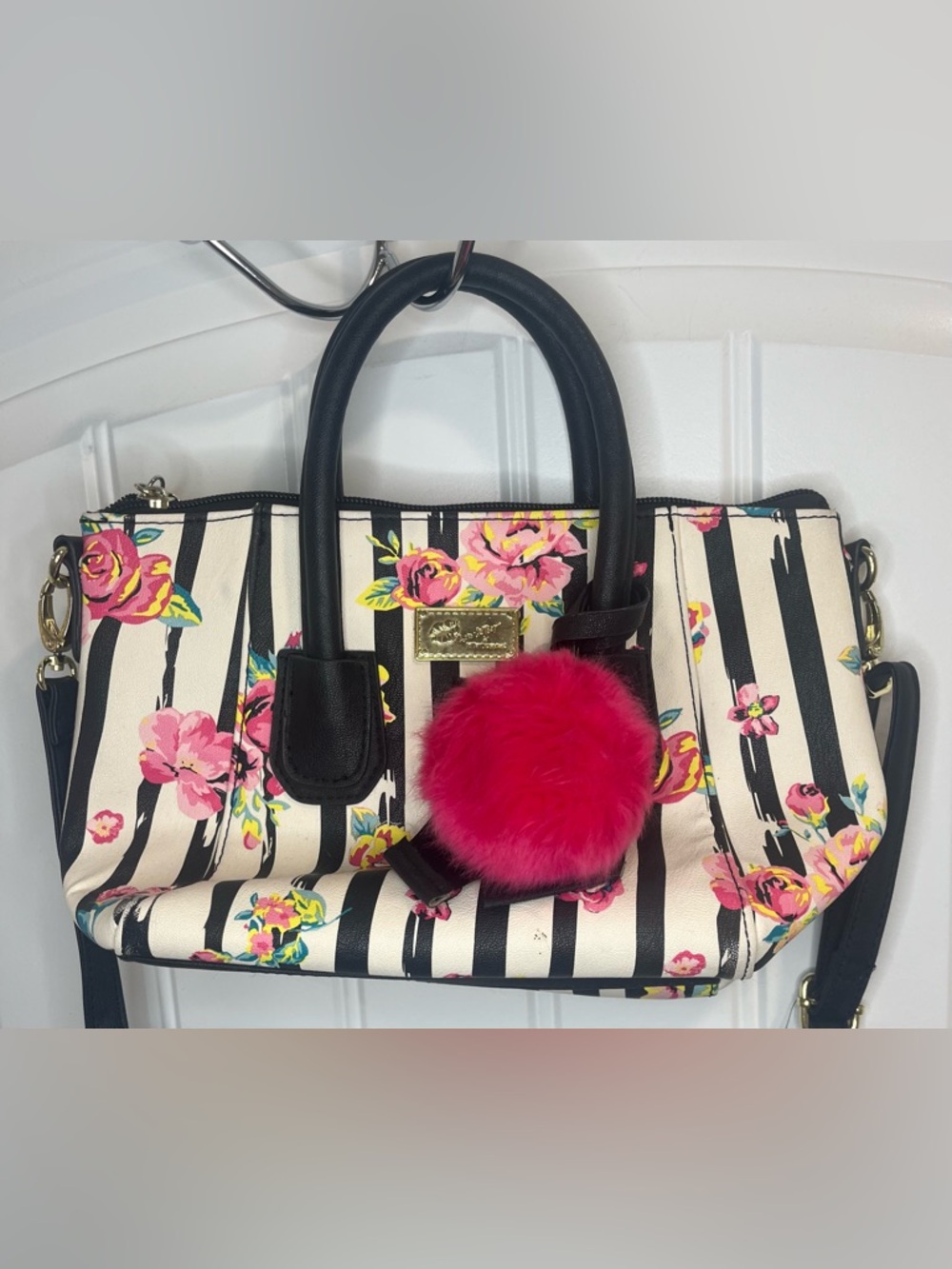 Betsey Johnson Black & White Striped Floral Bag with Hot Pink Pom Charm
